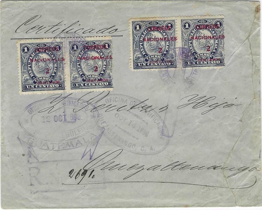 Guatemala 1898 (12 Oct) registered cover from to Quezaltenango tied by violet despatch cancels, oval transit and arrival franked 1898 postal fiscal  2c. on 1c. in two pairs on front and a further four strips of four on reverse; roughly opened at right not unduly detracting from an unusual franking.