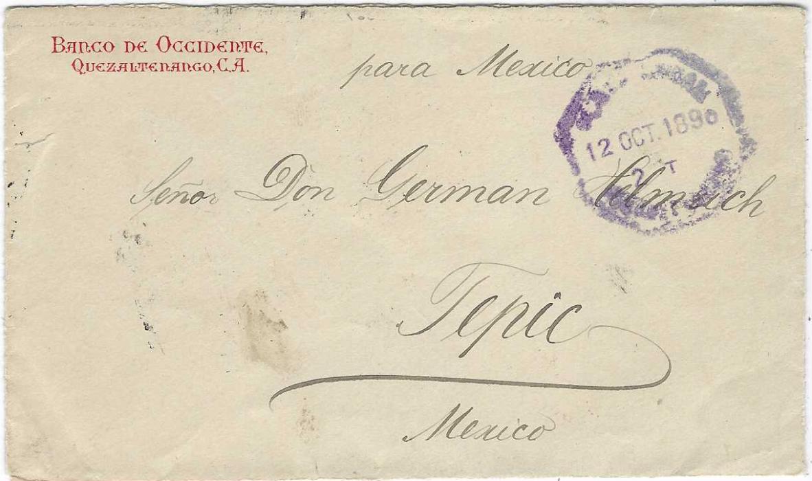 Guatemala 1898 (12 Oct) envelope to Tepic, Mexico, bearing on reverse pair Arms 2c. and postal fiscal 2c. on 1c. strip of three (showing irregular perfs between 2nd and 3rd stamps), Quezaltenango date stamps, S.Blas and Acapulco transits.