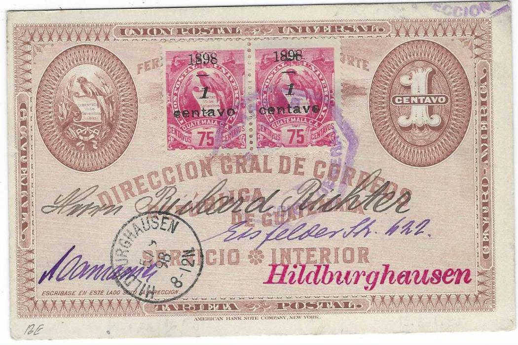 Guatemala 1898 Train 1c. picture stationery card to Hildburghausen, Germany uprated pair 1898/ 1/ Centavo on 75c. tied violet date stamp, arrival cds at base; an early 10th August usage.
