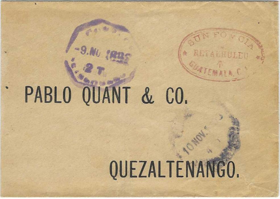 Guatemala 1898 envelope from Guatemala City to Quezaltenango franked on reverse ‘1898/ 1/ Centavo’ on 25c. pair and fiscal ‘2 Centavos’ on 5c. pair tied target cancels, despatch and arrival cancels on front; envelope slightly reduced at right.