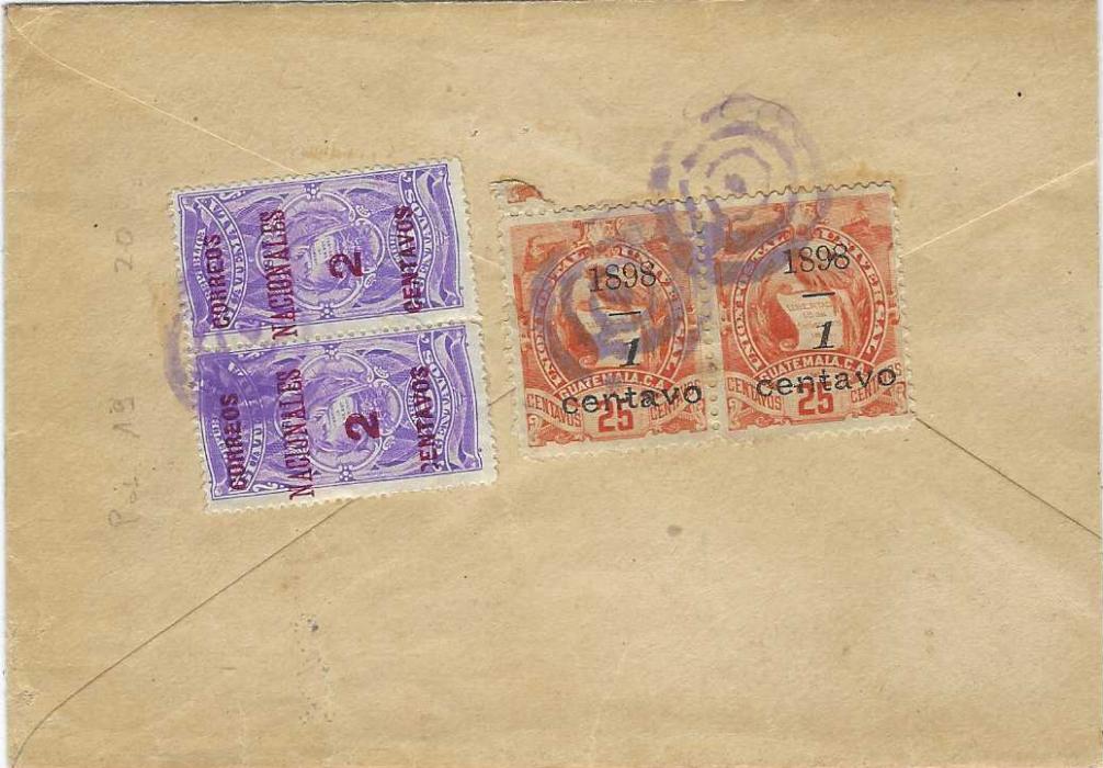 Guatemala 1898 envelope from Guatemala City to Quezaltenango franked on reverse ‘1898/ 1/ Centavo’ on 25c. pair and fiscal ‘2 Centavos’ on 5c. pair tied target cancels, despatch and arrival cancels on front; envelope slightly reduced at right.