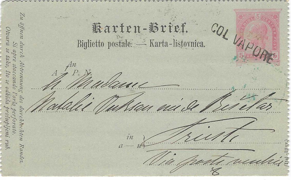 Austria (Croatia) 1898 5k. stationery letter card to Trieste with stamp image cancelled by straight-line COL VAPORE, reverse with Triest arrival of 20/4. The message has been inked out except for date line “Slano 16/4”.