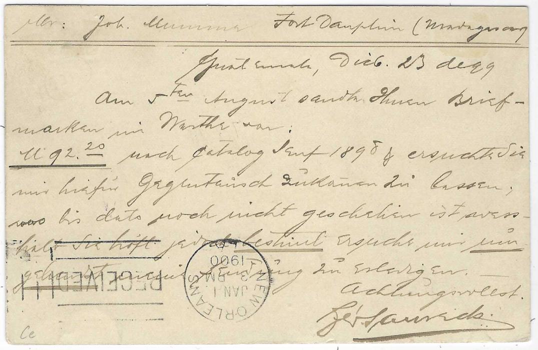 Guatemala 1899 1c. Train postal stationery card, uprated 2c. Arms to Madagascar, tied 1 Guatemala handstamp, New Orleans transit backstamp; a most unusual destination.