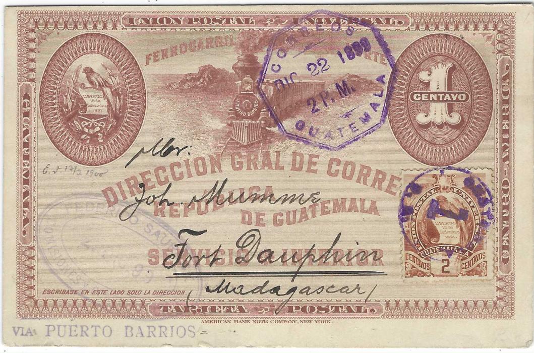 Guatemala 1899 1c. Train postal stationery card, uprated 2c. Arms to Madagascar, tied 1 Guatemala handstamp, New Orleans transit backstamp; a most unusual destination.