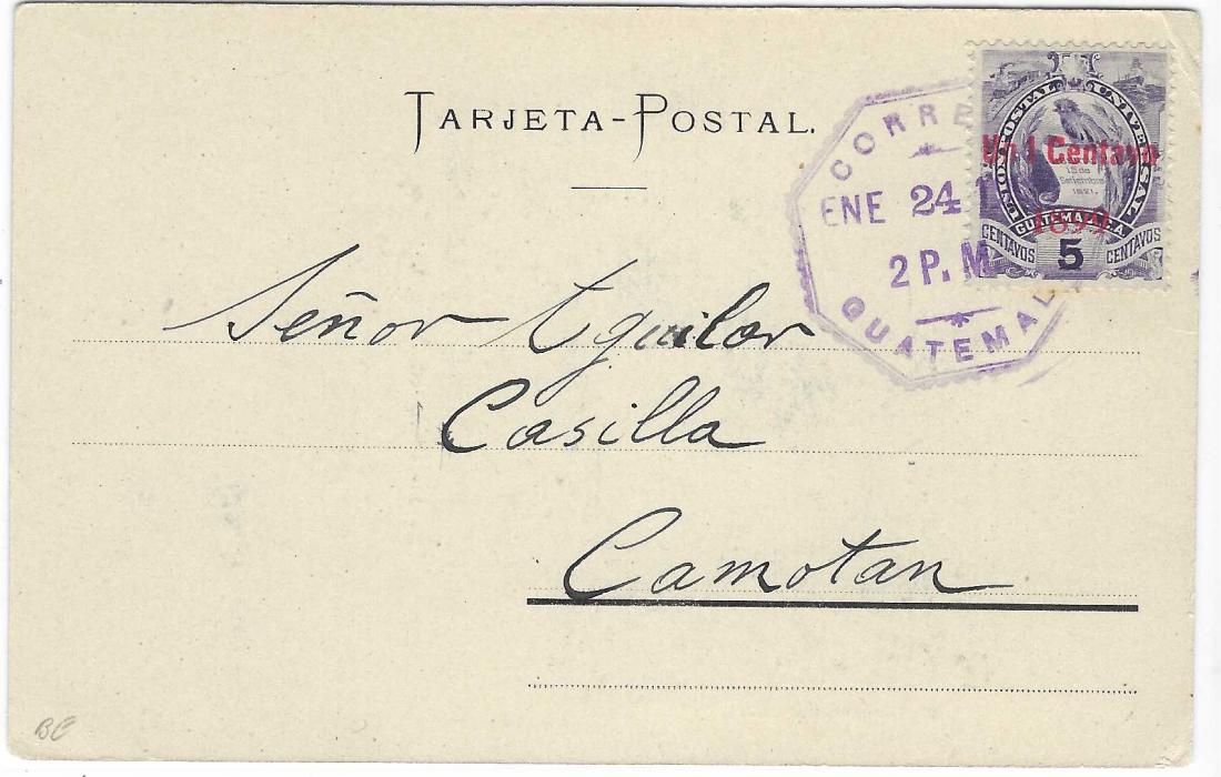 Guatemala 1900 (Ene 24) picture postcard ‘Ruina en Antigua’ used internally and franked ‘Un Centavo/ 1899’ on 5c. tied violet octagonal date stamp; a scarce single franking.