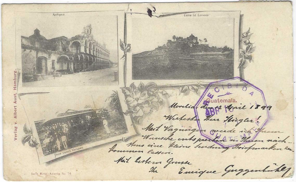 Guatemala 1899 multi-view picture postcard to Stuttgart, redirected to London franked ‘Arms’ 10c. and perforated vignette ‘VIA PUERTO BARRIOS – NEW ORLEANS’, both tied by violet octagonal ..andres Osuna date stamp, blue negative handstamp at centre, Stuttgart arrival bottom left and  London arrival at top.