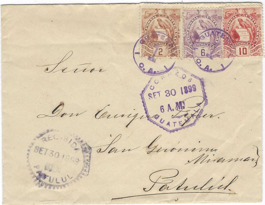 Guatemala 1899 cover to Patulul franked ‘Arms’ 2c., 6c. and 10c. tied by Guatemala 1 violet handstamps, octagonal Guatemala  and circular framed arrival in violet, no backstamps.