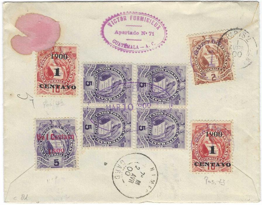 Guatemala 1900 registered cover to Nimes, France franked on reverse at 25c rate made up of ordinary and surcharged ‘Arms’ values including a block of four 5c., cancelled with either circular framed Guatemala 1 handstamps or oval registration date stamp which is repeated on front, Paris transits and arrival cds.