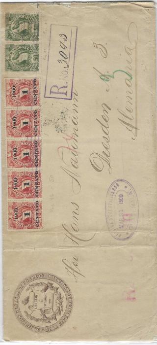 Guatemala 1900 (Mar 31) ‘Direccion General De Correos’ registered cover to Dresden franked 1886 ‘Arms’ 50c. pair and  ’1900 1 CENTAVO’ on 10c. horizontal strip of five cancelled ‘R’ within bars with registration handstamp below, arrival backstamp, two vertical filing creases clear of stamps and illustration, arrival backstamp. A fine rare franking
