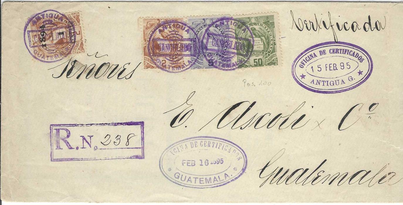 Guatemala 1995 (15 Feb) registered internal cover from Antigua to Guatemala City franked 1886-96 ‘Arms’ 2c., 5c. and 50c. plus ‘1894/ 1/ Centavo’ on 2c.; a couple of vertical filing creases clear of stamps, a good franking.