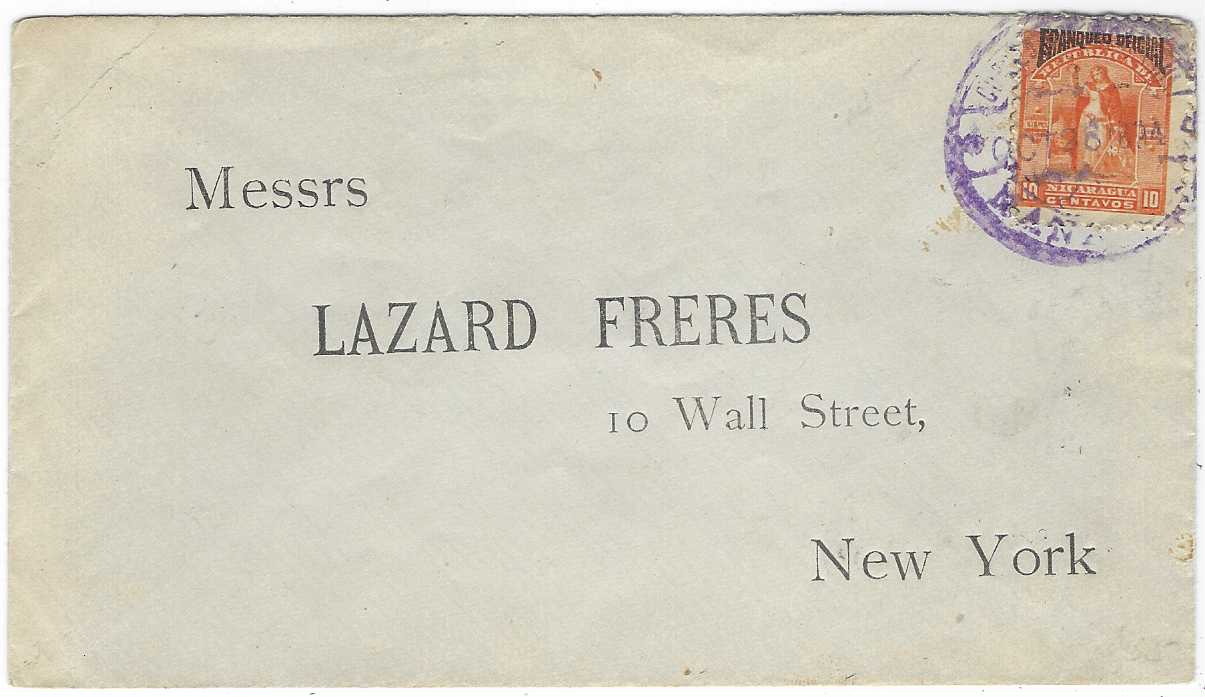 Nicaragua 1894 (Oct 28) printed envelope to New York franked 1893 Official 10c. deep orange tied Managua cds in violet, New York arrival backstamp; small tear in envelope top left.