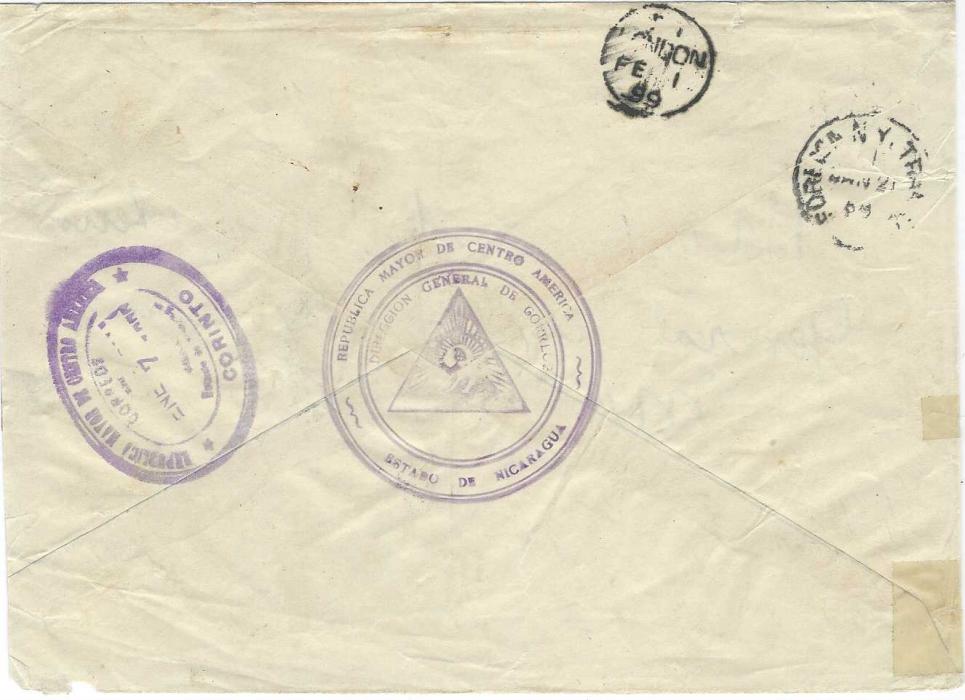 Nicaragua 1899 (Ene 7) envelope to Postmaster General of Montenegro at Cetina franked 1898 Official 10c. tied by oval Managua date stamp in violet. On reverse large Official cachet, Corinto, New York and London transits; some slight faults to envelope