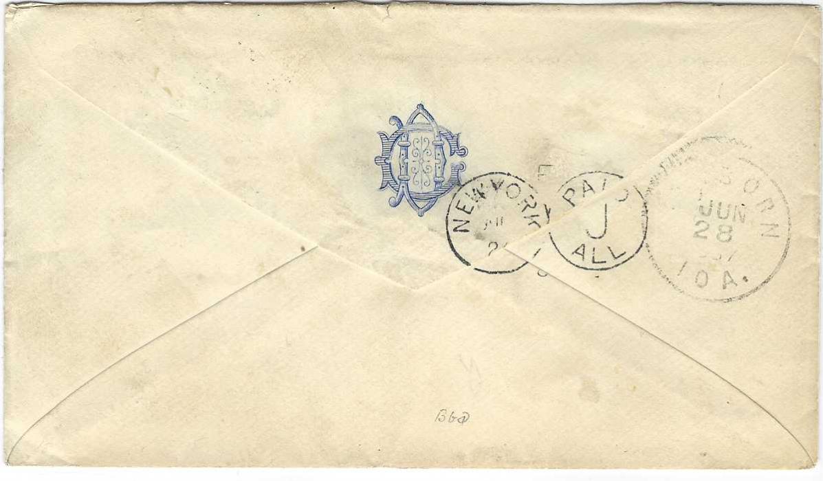 Panama 1887 (14 Jun) cover to Sanborn, Iowa, USA bearing mixed issue Salvador franking 1879-89 1c. green (small faults) and 1887-88 orange tied by TRANSITO PANAMA cds with another strike alongside, reverse with New York transit and arrival cds.