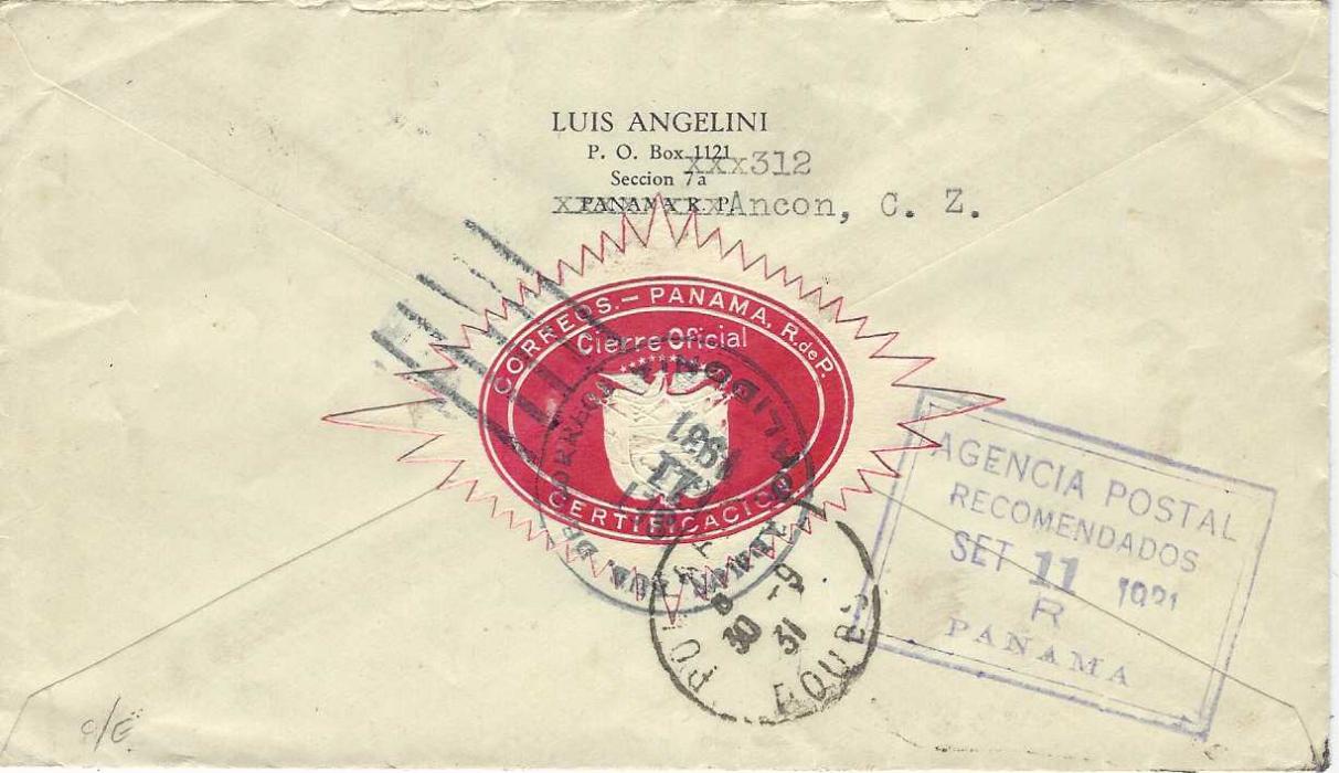 Panama 1931 (Set 11) multi-franked registered cover to Pontarlier, Switzerland with three Calidonia cds, registration handstamp below, reverse with scallop seal tied despatch cds 