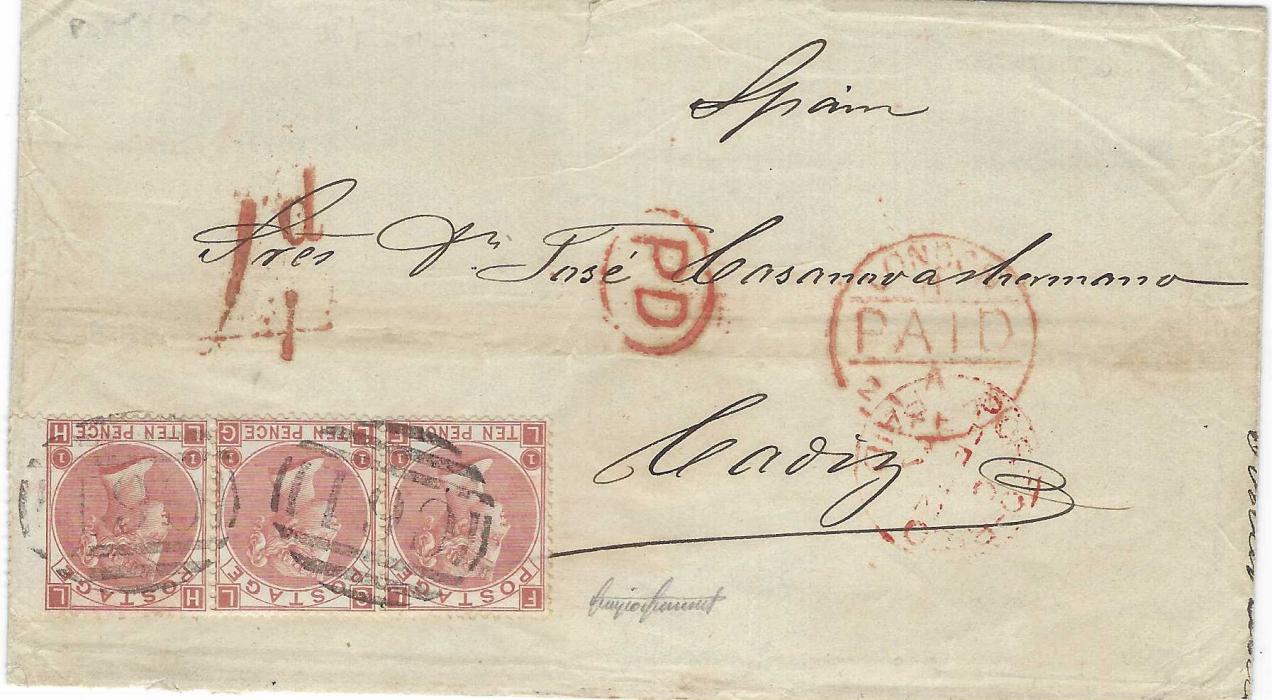 Great Britain (Porto Rico) 1874 (FE 12) outer letter sheet to Cadiz franked 1867-80 10d. horizontal strip of three, LF-LH, plate 1 cancelled by two ‘C61’ obliterators, red Porto-Rico Paid cds, oval-framed ‘P.D’ and ‘4d’ accountancy handstamp, London transit at right and Cadiz arrival backstamp; some slight splitting in the lettersheet but mostly a fine example of a rare franking for a double weight letter. Philatelic foundation and Sismondo Certificates.