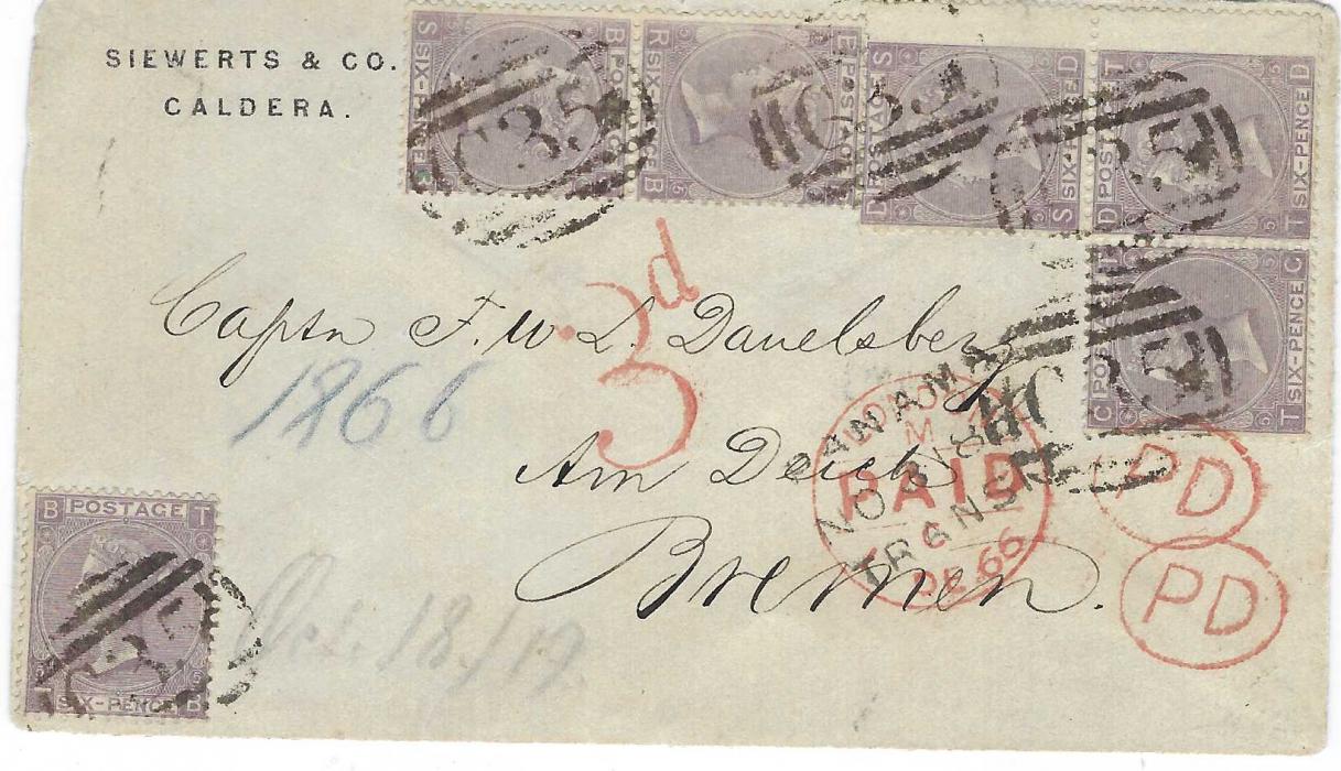 Great Britain (Chile) 1866 company envelope to Bremen, Germany franked 1865-73 six 6d. irregular block of three, a pair and single, SD-TD, RB-SB and TB, plate 5, tied ‘C35’ obliterators of the British Post Office at Caldera, red ‘3d’ accountancy handstamp, two oval-framed ‘PD’ and three-line PANAMA/ NO 3 1866/ TRANSIT, red London transit overstriking this, framed arrival backstamp. Large part of backflap missing not unduly detracting from a fine high value franking.