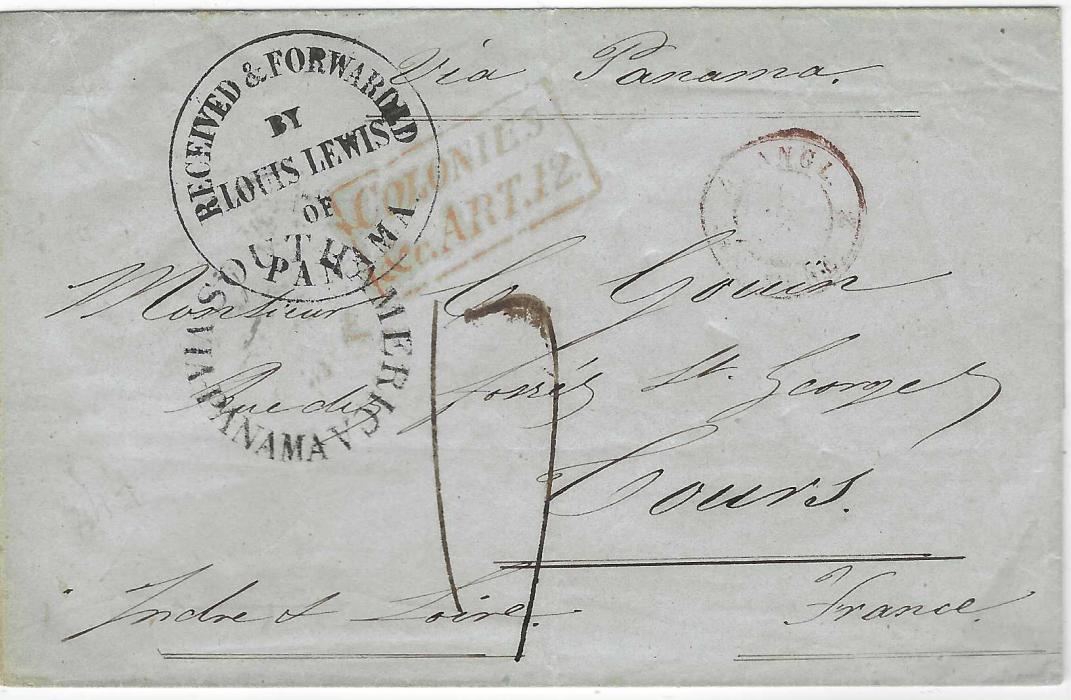 Great Britain (Panama)  1844 outer letter sheet to Tours, France endorsed “Via Panama”, from an unknown country bearing undated circular SOUTH AMERICA VIA PANAMA handstamp (only mentioned as dated in Robson Lowe) overstruck with very fine Panama Forwarding Agents, Louis Lewis (not listed in Rowe), red framed accountancy handstamp, reverse with double-arc Kingston Jamaica, red London transit, red French entry on front, reverse Paris transit and arrival; fine and attractive.