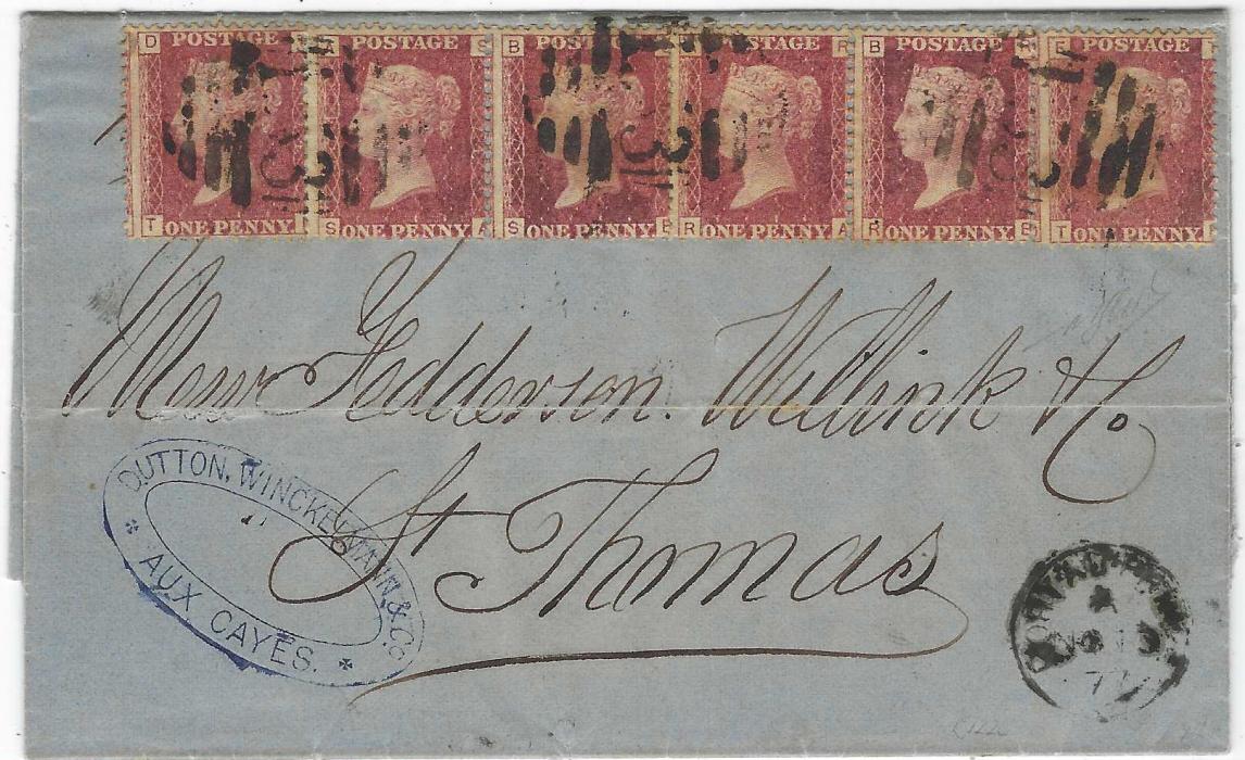 Great Britain (Haiti) 1877 (Nov) entire letter from Aux Cayes, franked with 1d. rose, 2 pairs and 2 singles, tied by E53 obliterators, with Port Au Prince cds bottom right and on reverse to St. Thomas with arrival backstamp of Danish Post Office; on reverse additional comment of the sender 