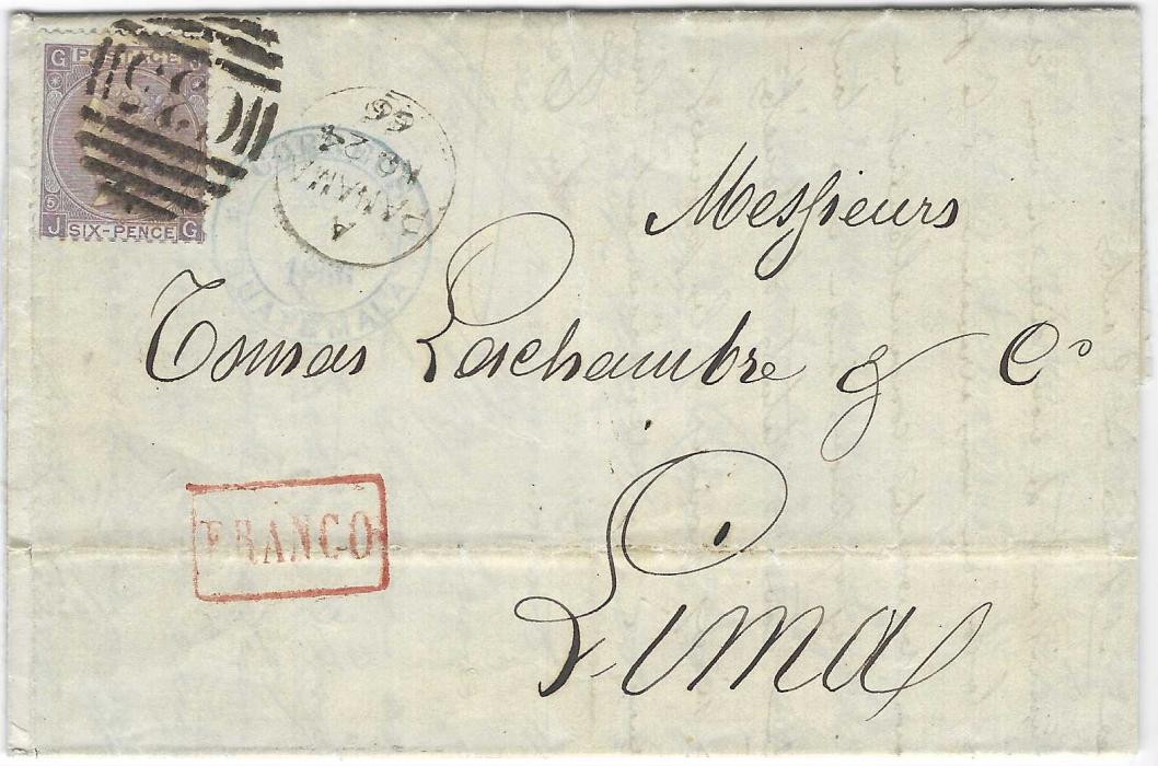 Great Britain (Guatemala) 1866 (NO 1) stampless entire to Lima, Peru bearing 6d., JG, plate 5 tied by C35 Panama duplex applied in transit, CORREOS GUATEMALA despatch date stamp, with large Compagnie Generale Transatlantique Agence De Guatemala in darker shade of blue on reverse, obverse with framed FRANCO, reverse with manuscript 