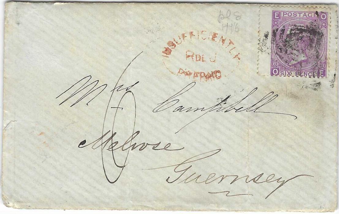 Great Britain (Brazil) 1872 (SP 4) cover to Guernsey franked 1867-80 6d., OE, plate 8 tied by unclear cancel, reverse with fine Rio De Janeiro cds, on front fine and scarce red Insufficiently/ R de J/ Prepaid, manuscript “6” denoting amount of postage due, reverse with red London transit of SP 30 and arrival cancels of OC 1; some slight splitting to envelope on right side and vertical crease clear of stamp.
