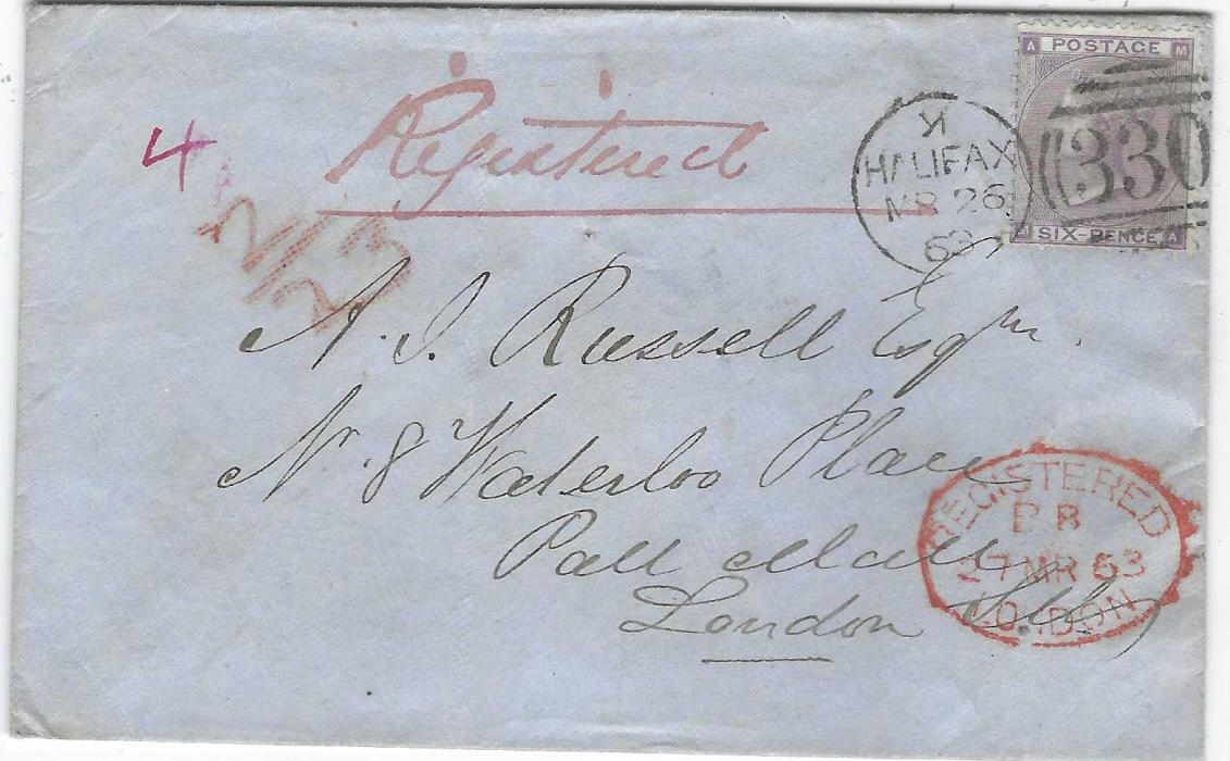 Great Britain 1863 (MR 26) registered cover to London franked 1862-64 6d. lilac, MA, plate 3 tied clear ‘330’ Halifax duplex, red oval Registered London arrival of following day, reverse with Queenshead cds; light vertical crease clear of stamp.