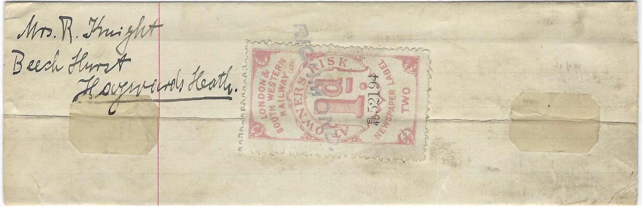 Great Britain (Railway Newspaper Stamps) c.1890s wrapper addressed to Haywards Heath and franked ‘London & South Western Railway/ At Owners Risk/ 1d/ Newspaper Label/ Two’ tied straight-line RICHMOND handstamp.