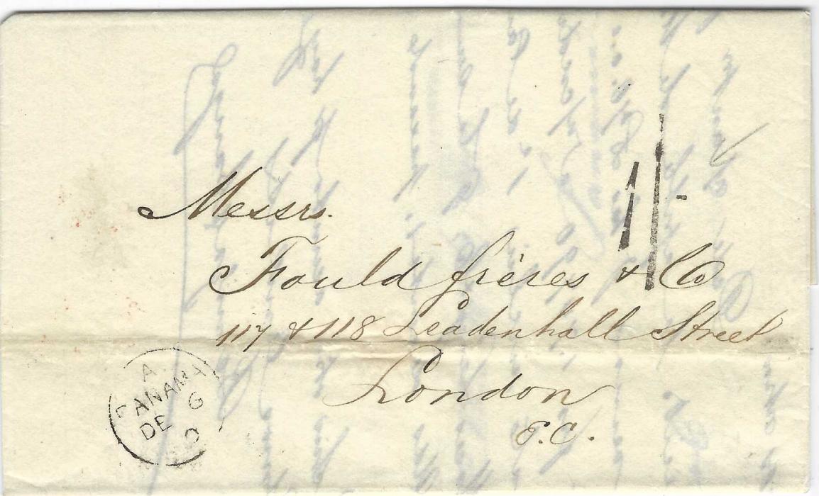 Panama 1870 entire to London with ‘1/-‘ charge handstamp and A Panama cds of British Post Office, red arrival backstamp. Fine clean example.