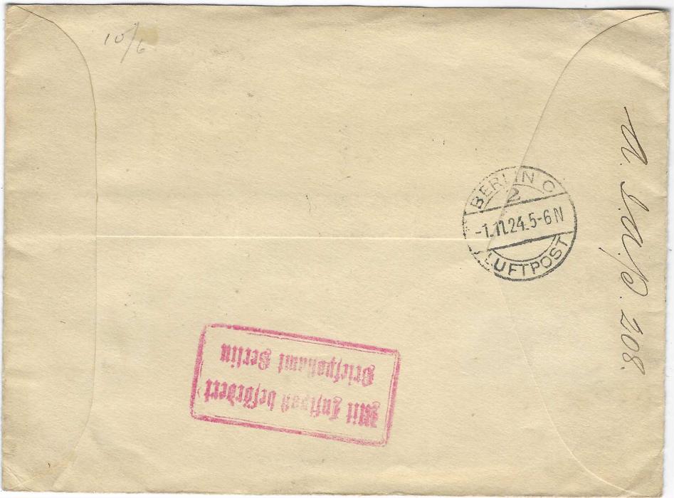 Great Britain (British Empire Exhibition) 1924 (31 Oct) airmail cover to Danzig franked with 1d. and 1924 Exhibition 1 1/2d. (3) tied by Exhibition cancels, reverse with Berlin transit and red airmail cachet; good condition.