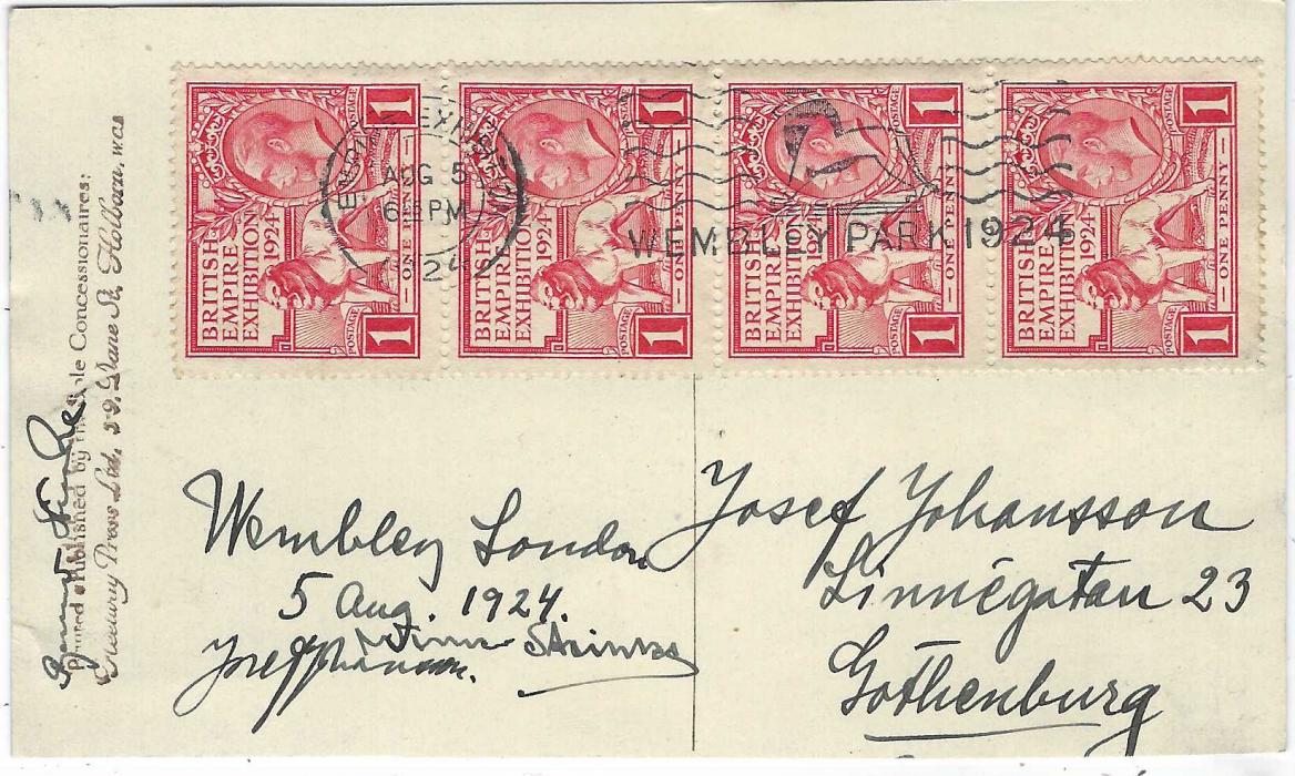 Great Britian 1924 (Aug 5) picture postcard of Malaya Pavilion used to Gothenburg, Sweden, franked 1924 1d. vertical strip of four cancelled Empire Exhibition Wembley Park machine cancel; fine condition.