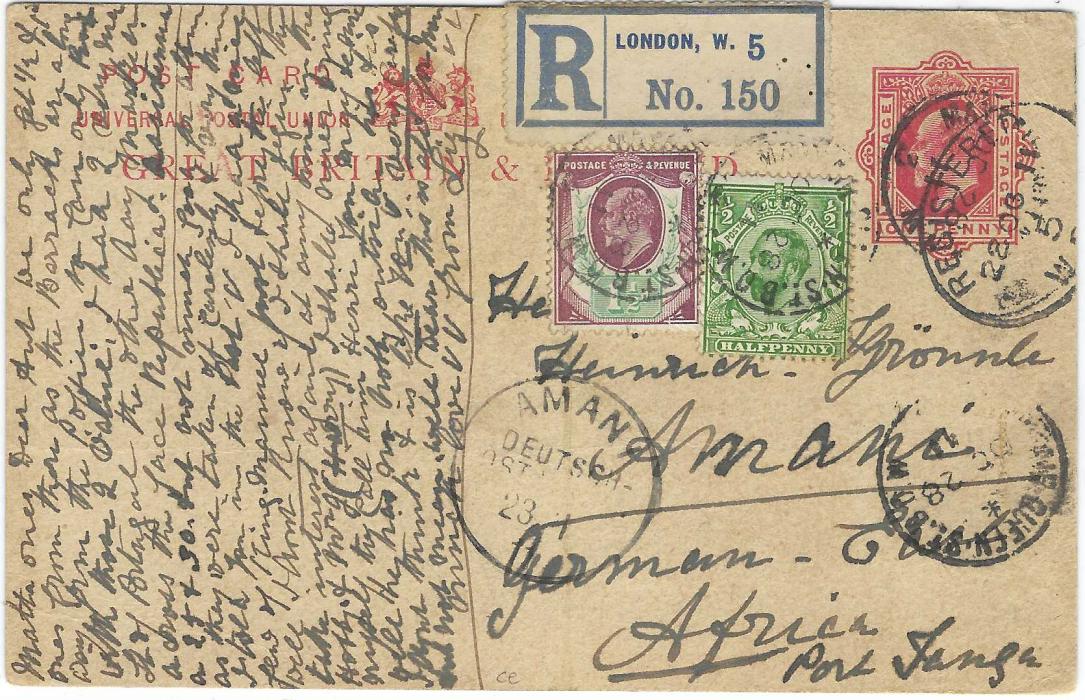 Great Britain 1911 (28 OC) 1d. postal stationery card uprated and registered to Amani, German East Africa with KEVII  1½d. and KGV ½d. , showing at centre a fair strike of the arrival cancel. With long message.
