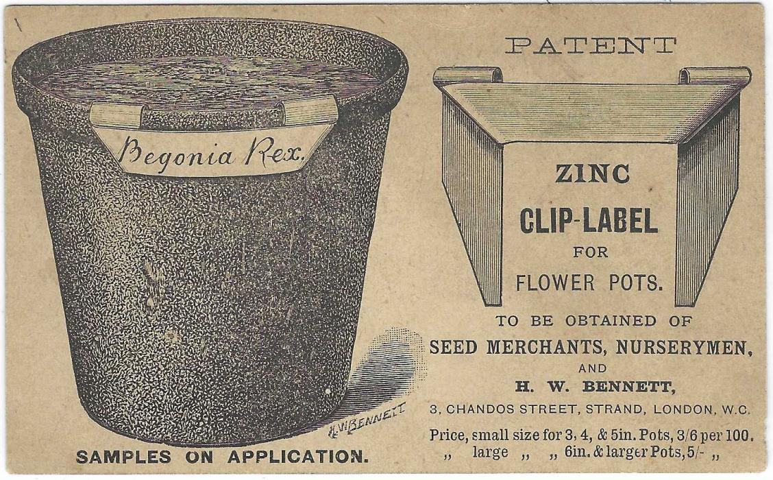Great Britain (Advertising Stationery) Late 1870s ½d. brown postal stationery card with fine illustrated advertisement for ‘Zinc Clip-Label for Flower Pots’; fine unused.