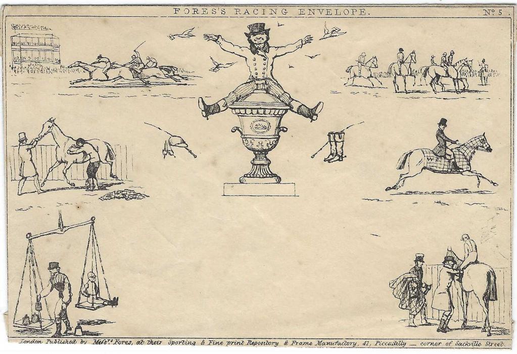 Great Britain (Mulready Caricature)  1840s ‘Fores’s Racing Envelope, No. 5’ unused with some slight tone spotting unused showing various images of Horses and Jockeys.