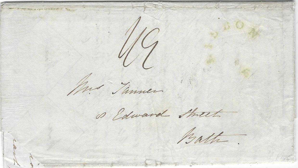 Great Britain 1841 entire to Bath, rated “1/9” and bearing green undated  Lisbon F  handstamp applied on the Falmouth Packet, arrival backstamp; some slight faults to entire.