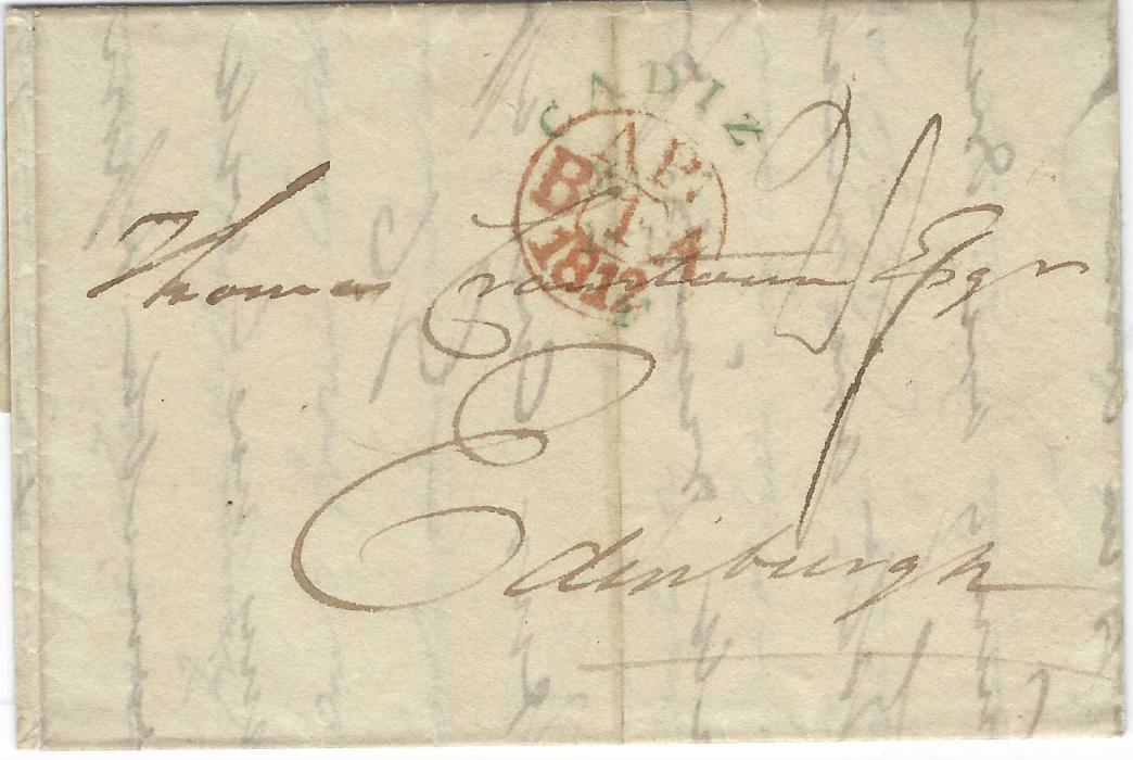 Great Britain 1812 (10 March) part entire rated “2/2” from Cadiz to Edinburgh, without despatch cancels as handed into the British Consulate after the regular mail had closed and too late to be included in the mail bag and thus carried loose to Falmouth where an unframed cursive CADIZ/ F unclearly dated cancel applied, red arrival overstriking this