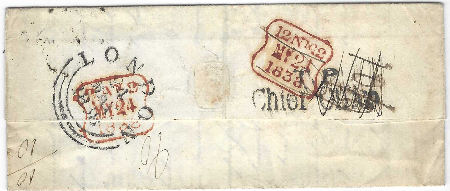 Great Britain 1838 (22 Mai) entire to London from Paris, bearing red framed arc FOREIGN PAID, redirected to Brompton and rated “3”d, reverse with unframed London, two-line T.P./ Chief Office handstamp and two red dated handstamps.