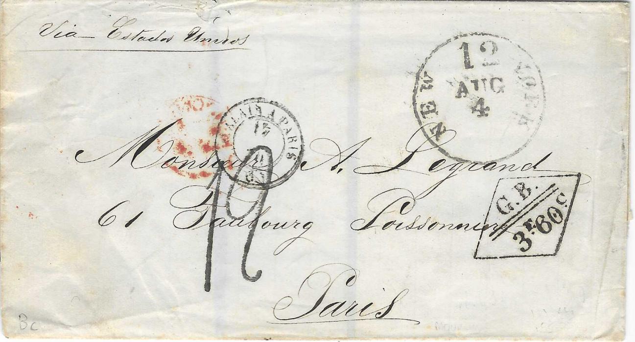 Great Britain 1870 mourning wrapper from unknown South American provenance addressed to Paris, France, annotated to travel via the United States, the front bearing New York ‘12’ transit and faint London cds as well as fine diamond-framed accountancy ‘G.B./ 3f.60c., Calais A Paris tpo and rated ‘12’ decimes on arrival. Some damage to rear.