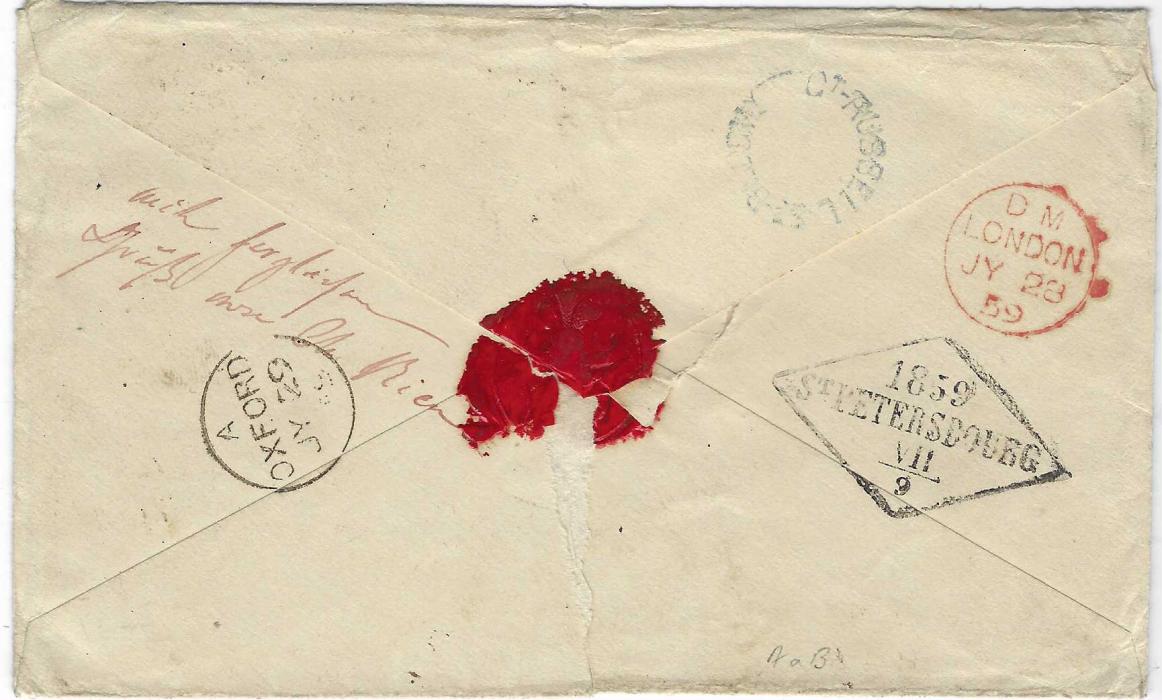 Great Britain 1859 cover addressed care of a Doctor at the British Museum, forwarded to Oxford, from St Petersbourg, Russia with diamond framed despatch on reverse which also displays a Gt Russell St, a red London and an Oxford cds, on forwarding envelope to Oxford a 1d. red has been added over ‘PORTO’ handstamp with fine ‘7 1/2 ‘ charge handstamp alongside. Torn bottom flap to envelope otherwise fine and scarce.