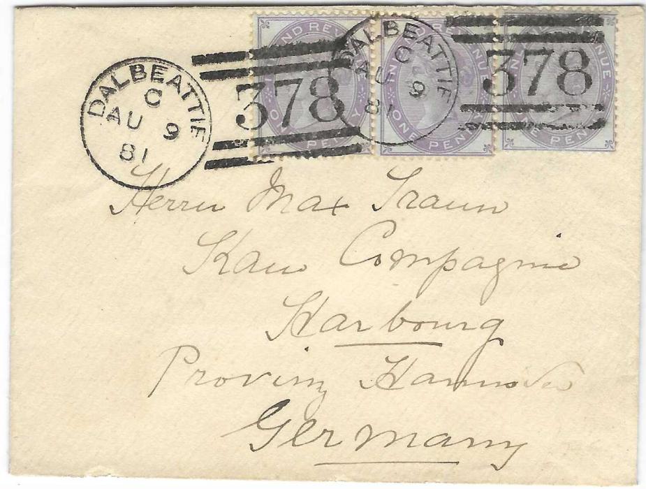 Great Britain 1881 (AU 9) cover to Hambourg, Germany franked 1878 Watermark Small Anchor, Die 4 1d. Inland Revenue on bluish paper cancelled by two fine Dalbeattie ‘378’ date stamps, arrival backstamp.