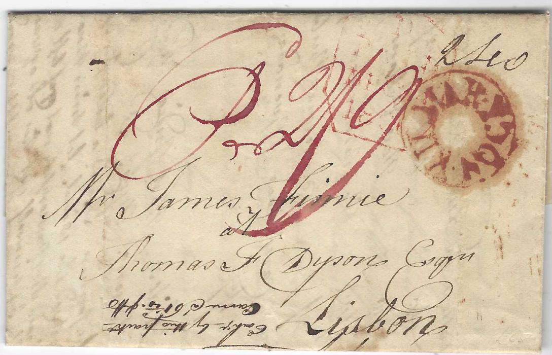 Great Britain Scotland: 1806 entire to Lisbon bearing single-ring KILMARNOCK cancel in red, rated 
