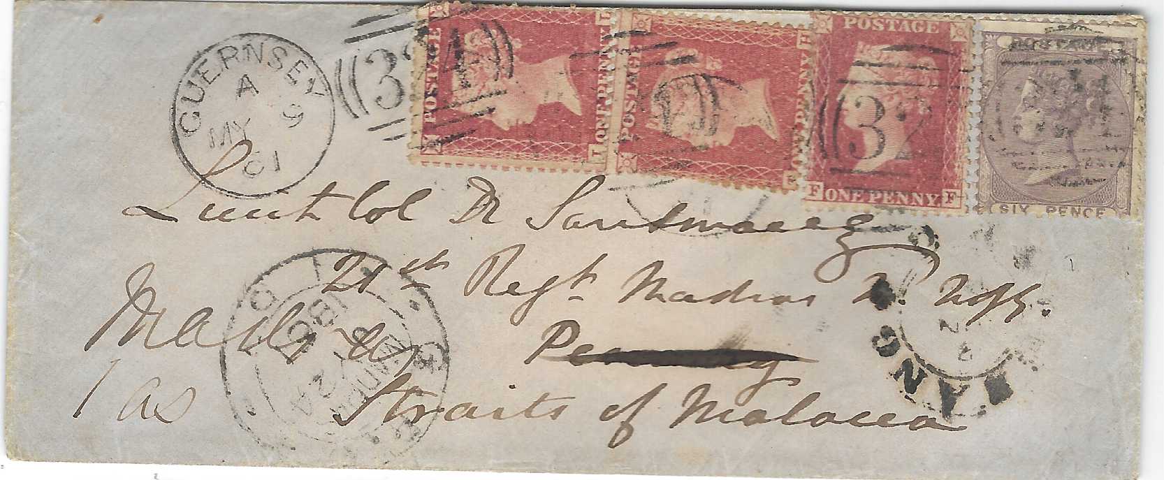 Great Britain : (Guernsey) 1861 (MY 9) envelope to a Lieutenant in 21st Regt, Penang, Straits of Malacca, bearing mixed franking 1854-57 1d. line engraved (3) and 1855-57 6d tied ‘324’ duplex, arrival cds and forwarded to Madras, India with a manuscript “1 as” charge and arrival cds.