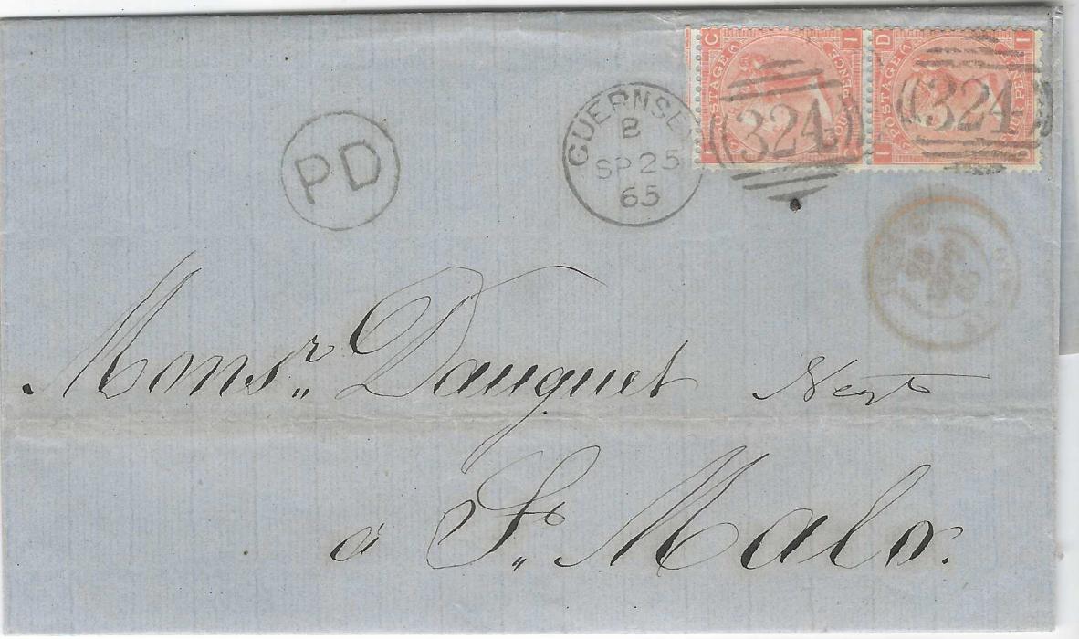 Great Britain (Guernsey) 1865 SP 25) entire to St Malo franked 1865-73 4d. vertical pair, CI-CI, plate 7 tied two ‘324’ barred numerals and a Guernsey cds, circular framed PD at left and red arrival below stamps of 28th. Roumet Certificate.