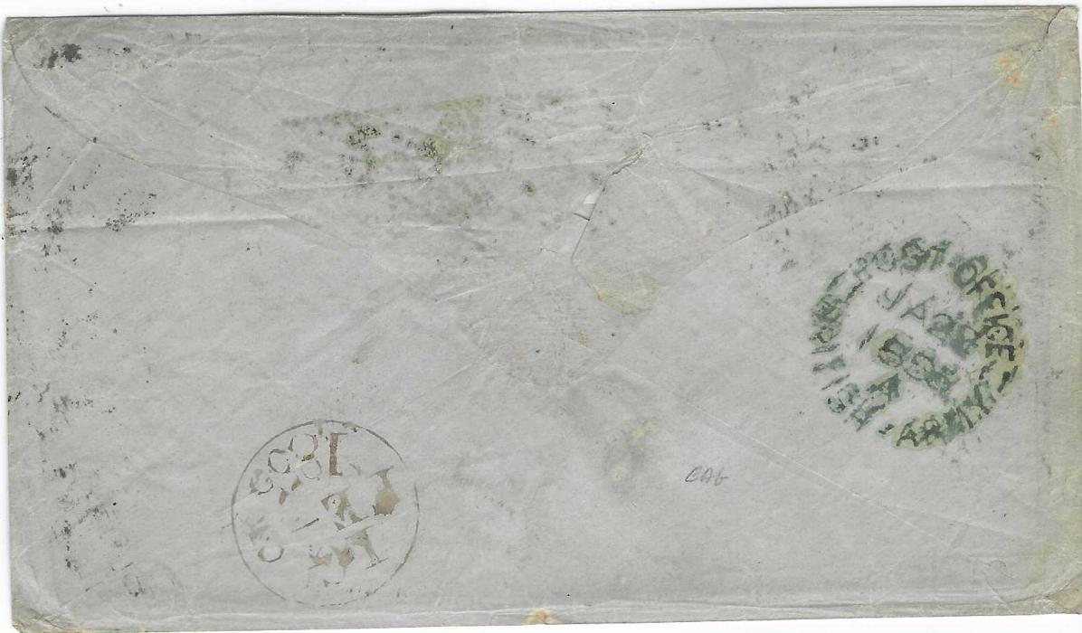 Great Britain (Crimean War) 1855 (JA 22) stamped envelope to Regents Park, London franked 1854-57 Wmk Small Crown, perf 16 1d. pair on blued paper, OG-OH and single HH cancelled by two *(crown)* barred cancels, reverse with greenish POST OFFICE BRITISH ARMY A cds and arrival cds; good sound example. Z2 unpriced in S.G., Ex Alan Brown 