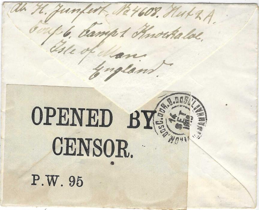 Great Britain (Prisoner of War) 1918 printed envelope to Porto Alegre, Brazil from German prisoner at Knockaloe Camp, Isle of Man, reverse with censor tape and arrival cancel.