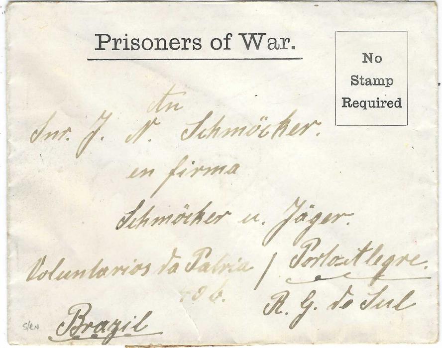 Great Britain (Prisoner of War) 1918 printed envelope to Porto Alegre, Brazil from German prisoner at Knockaloe Camp, Isle of Man, reverse with censor tape and arrival cancel.