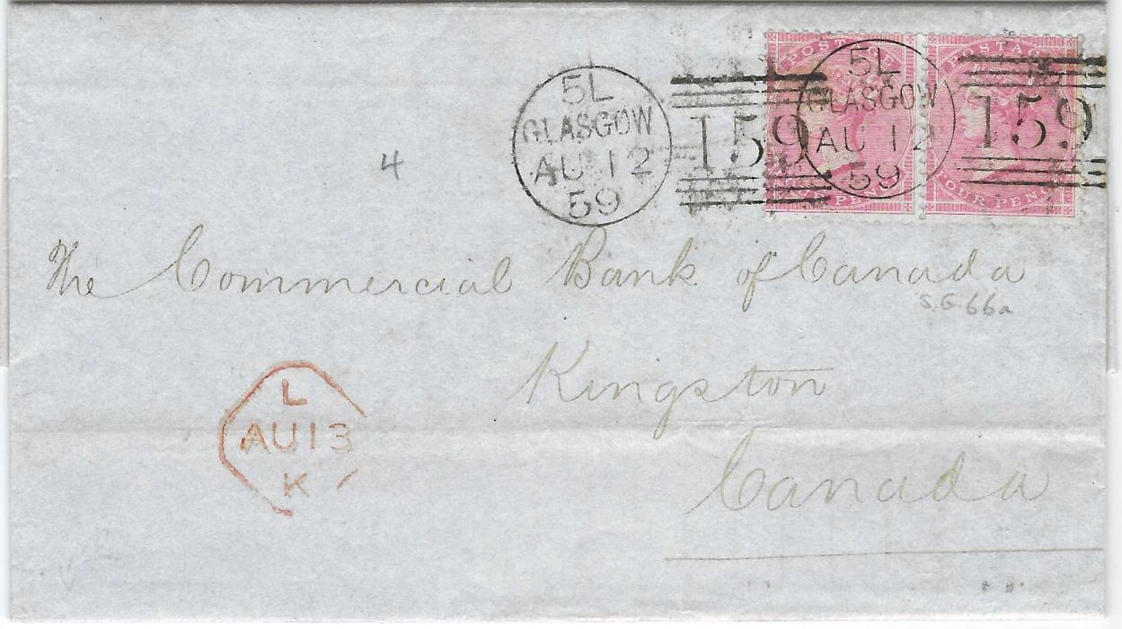 Great Britain 1859 (AU 12) entire to Kingston, Canada franked 1855-57 watermark Large Garter 4d. pair tied by two ‘Glasgow 159’ duplex, red L (Liverpool) transit; ironed out filing crease at base, otherwise good fresh condition.