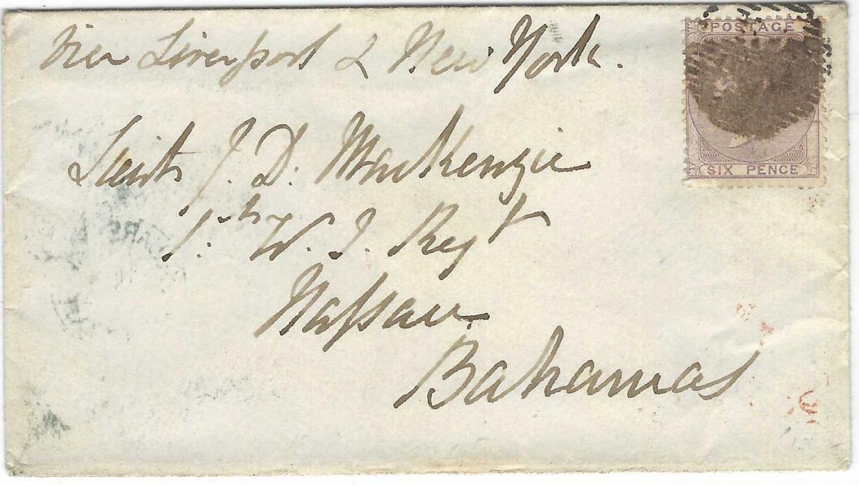 Great Britain 1859 (April 15) envelope from London to Nassau, Bahamas, addressed to a Lieut. MacKenzie, 1st W.I. Regt and franked at 6d. military post rate with 1855-57 issue tied by heavy barred cancel, annotated “Via Liverpool & New York”, reverse with blue undated Hyde Park cds.