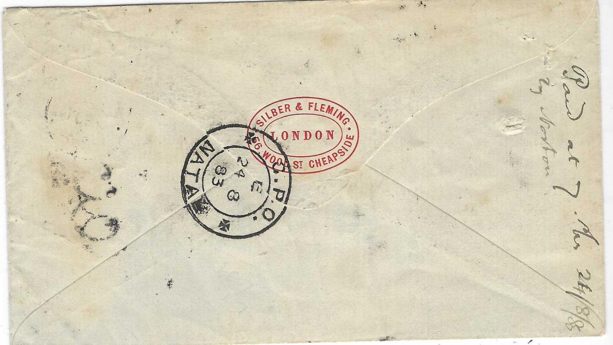 Great Britain 1883 (26 JY) underfranked  cover to Natal, South Africa franked 1880-83 ‘3d’ on 3d., OK and 1880-81 2d. deep rose tied by two London G.W cds, blue manuscript “3” below surcharge stamp and ‘3d’ charge handstamp below this, to left of stamps large circular framed ‘7d’, arrival backstamp of 24.8. Some pinholes at left, an attractive cover.
