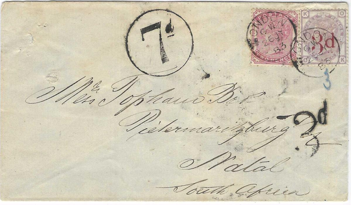 Great Britain 1883 (26 JY) underfranked  cover to Natal, South Africa franked 1880-83 ‘3d’ on 3d., OK and 1880-81 2d. deep rose tied by two London G.W cds, blue manuscript “3” below surcharge stamp and ‘3d’ charge handstamp below this, to left of stamps large circular framed ‘7d’, arrival backstamp of 24.8. Some pinholes at left, an attractive cover.