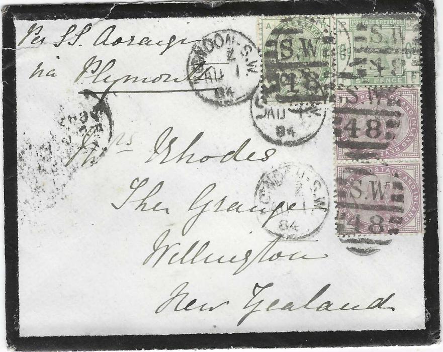 Great Britain 1884 (AU 1) mourning envelope to Wellington, New Zealand, franked 1881 1d. lilac Die II pair and 1883-84 4d. and 6d. green tied by London S.W. 48 duplex. Annotated to be carried on the SS Aoraigi out of Plymouth. Tear in top left corner, a scarce franking.