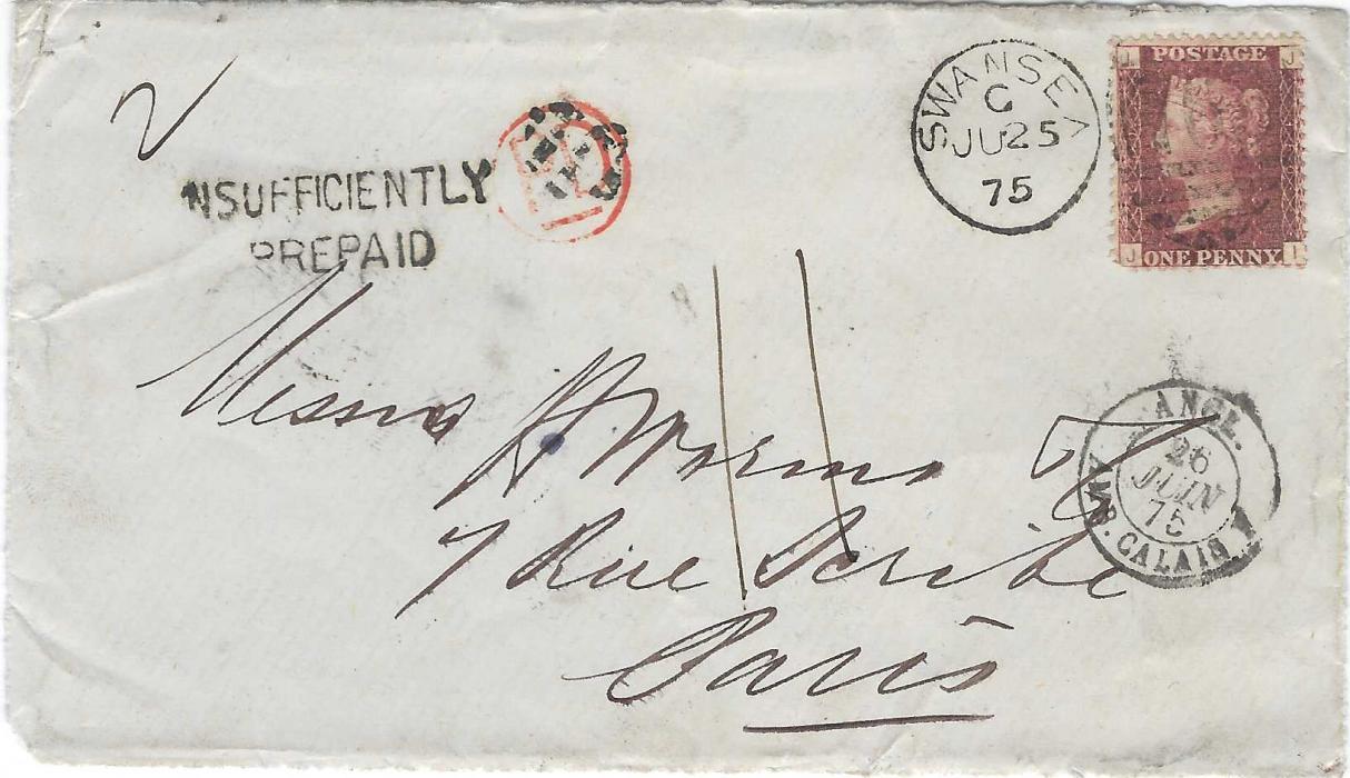 Great Britain 1858 mourning cover and 1875 cover front to France, both franked at 1d. rate with red and black INSUFFICIENTY/ PREPAID handstamps in red and black, an attractive pair